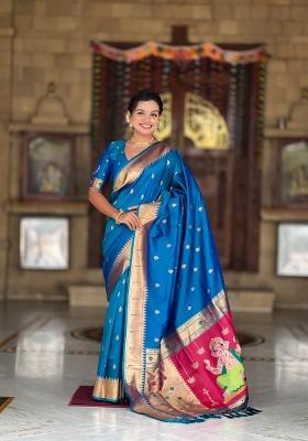 Turquoise Zari Woven Silk Saree Set