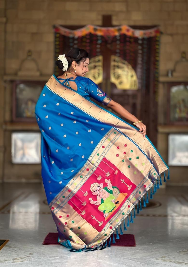 Turquoise Zari Woven Silk Saree Set - Indya