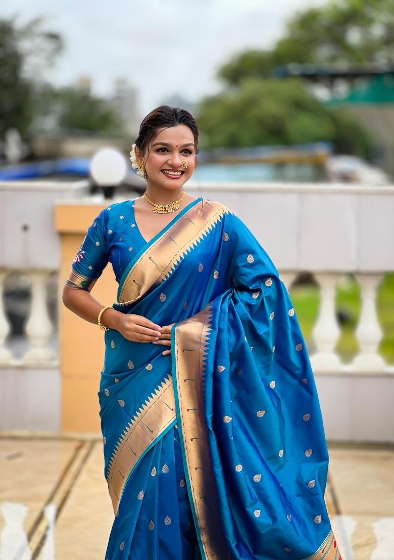 Turquoise Zari Woven Silk Saree Set - Indya
