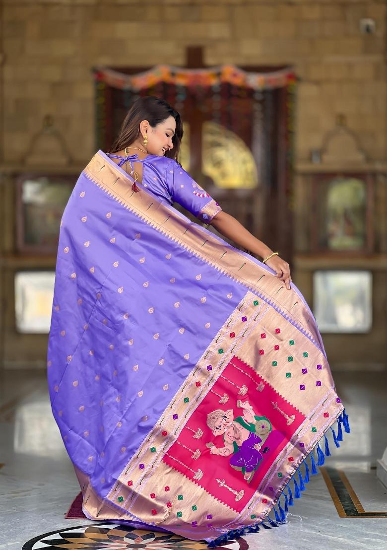 Lavender Zari Woven Silk Saree Set - Indya