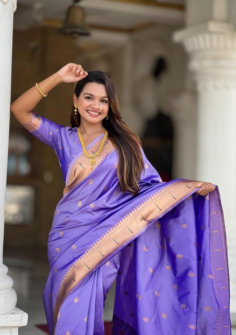 Lavender Zari Woven Silk Saree Set - Indya