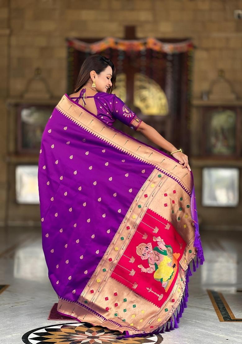 Magenta Zari Woven Silk Saree Set - Indya