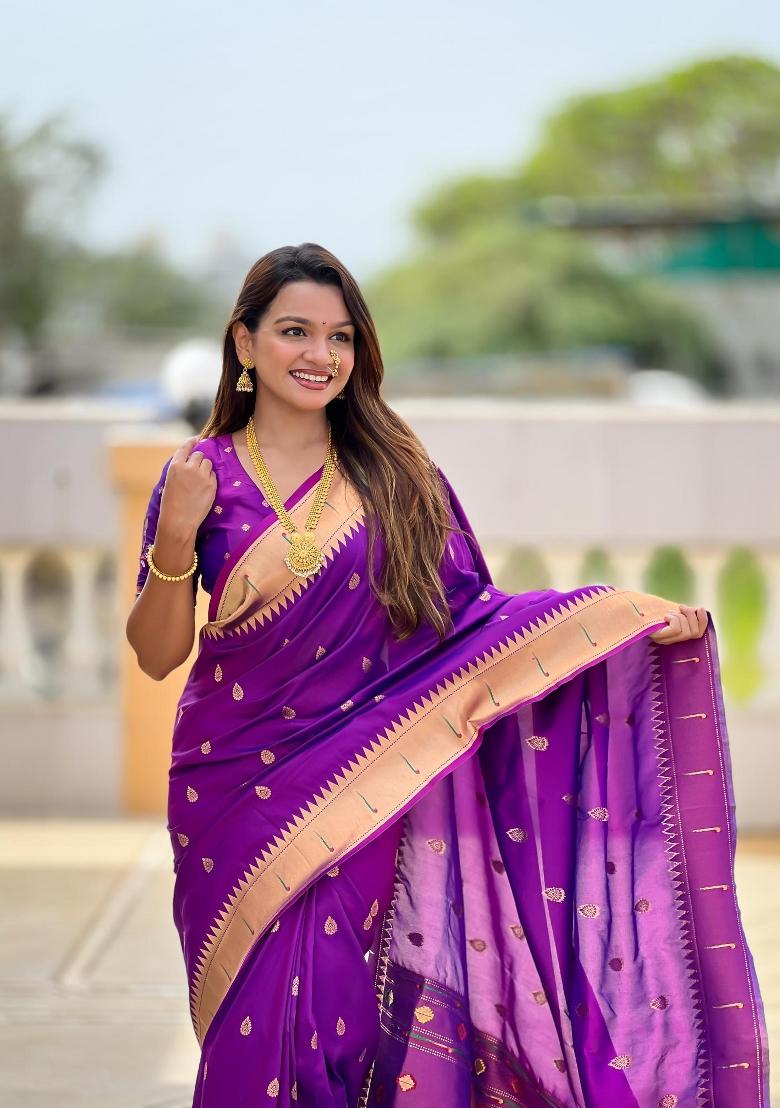 Magenta Zari Woven Silk Saree Set - Indya