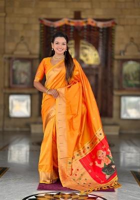 Orange Zari Woven Silk Saree Set