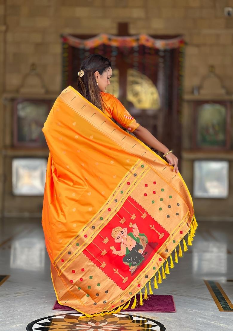Orange Zari Woven Silk Saree Set - Indya