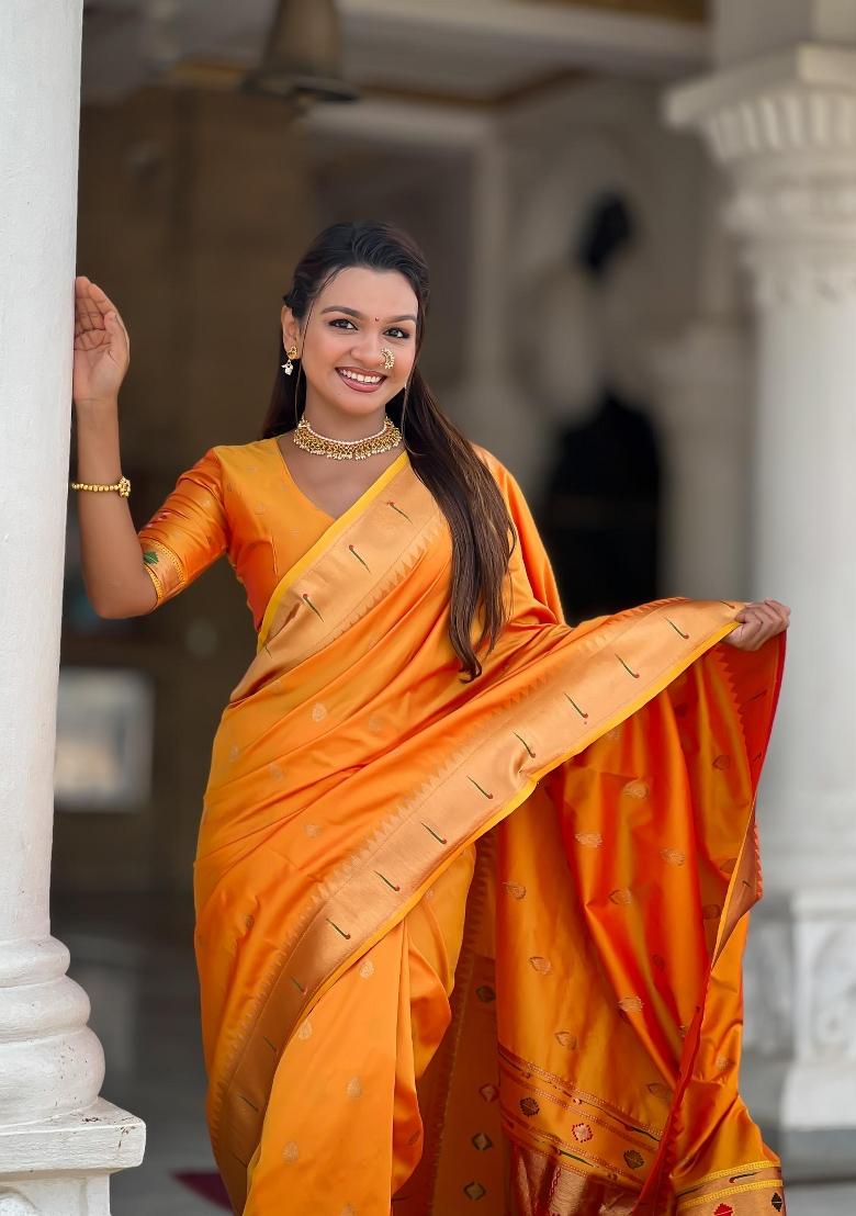 Orange Zari Woven Silk Saree Set - Indya