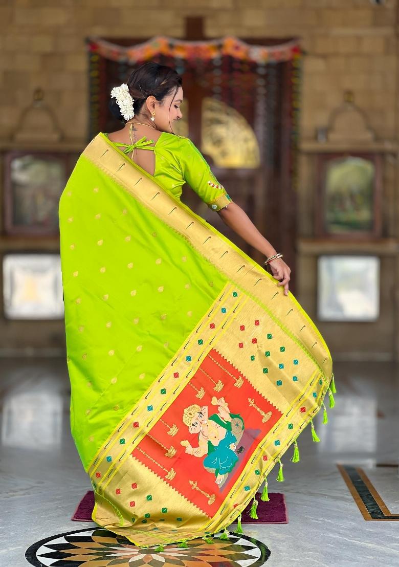 Green Zari Woven Silk Saree Set - Indya