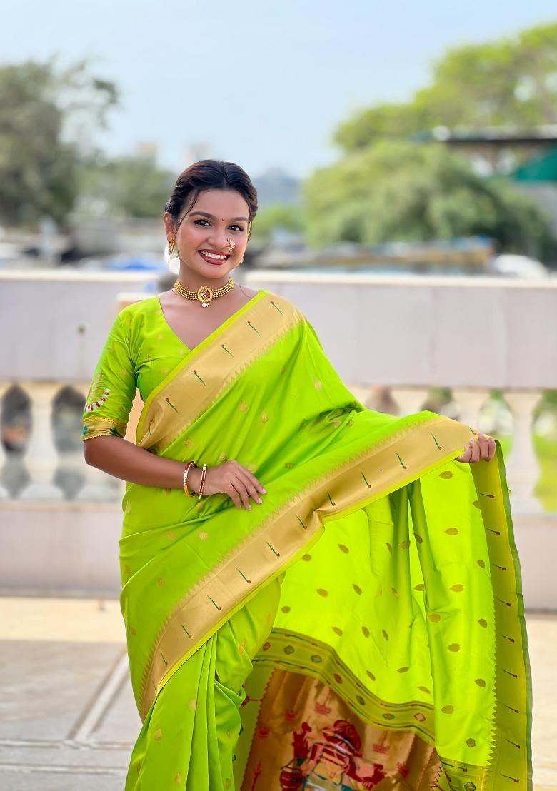 Green Zari Woven Silk Saree Set - Indya