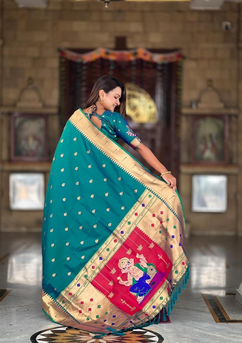 Rama Green Zari Woven Silk Saree Set - Indya