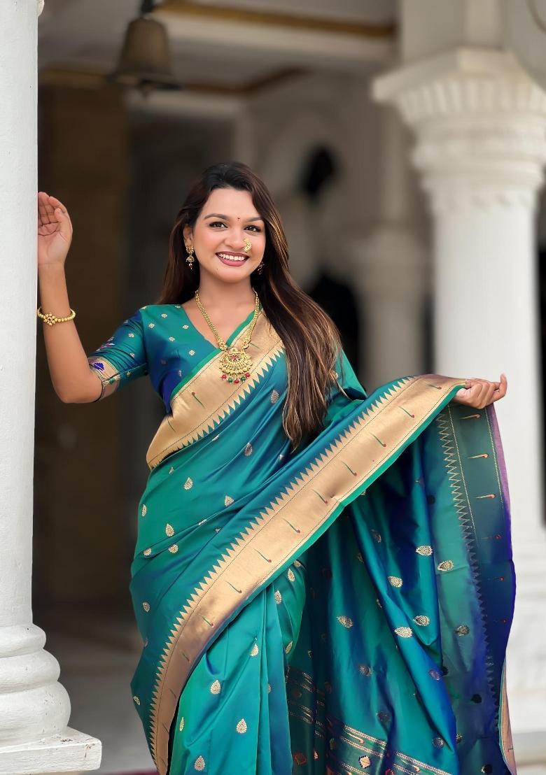 Rama Green Zari Woven Silk Saree Set - Indya