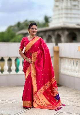Pink Zari Woven Silk Saree Set