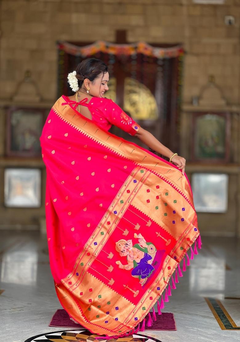 Pink Zari Woven Silk Saree Set - Indya