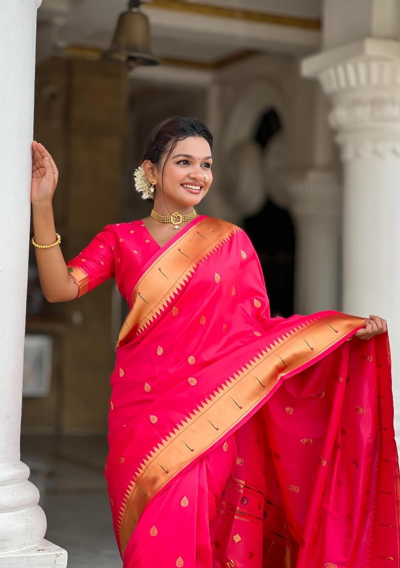 Pink Zari Woven Silk Saree Set - Indya