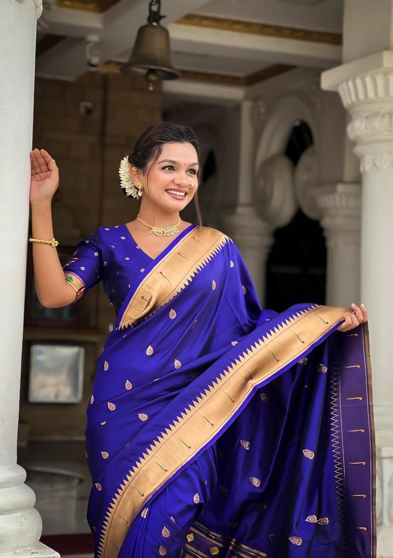 Violet Zari Woven Silk Saree Set - Indya