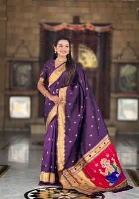 Wine Zari Woven Silk Saree Set