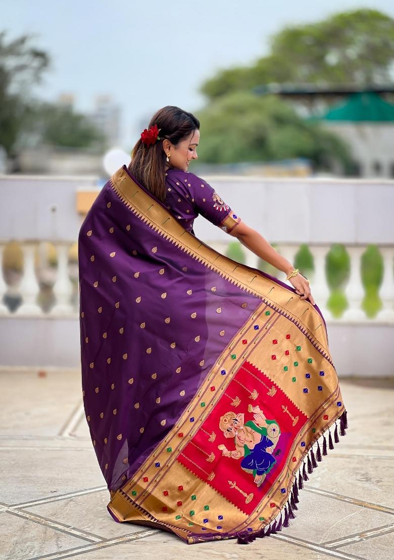 Wine Zari Woven Silk Saree Set - Indya
