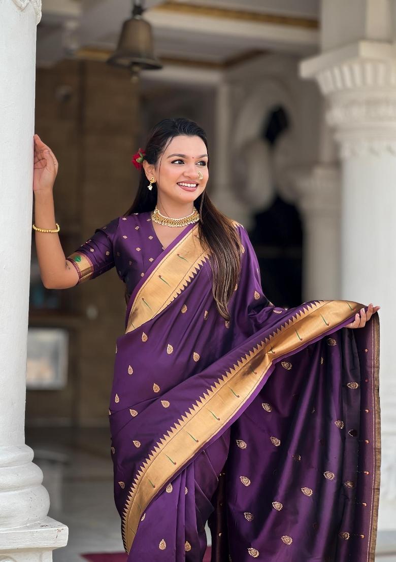 Wine Zari Woven Silk Saree Set - Indya