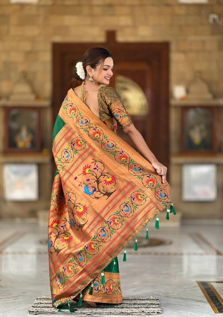 Green Zari Woven Silk Saree Set - Indya