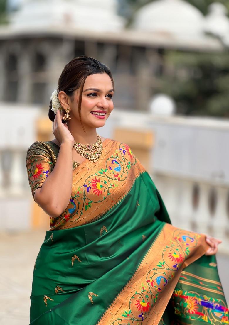 Green Zari Woven Silk Saree Set - Indya