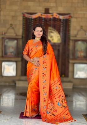 Orange Zari Woven Silk Saree Set