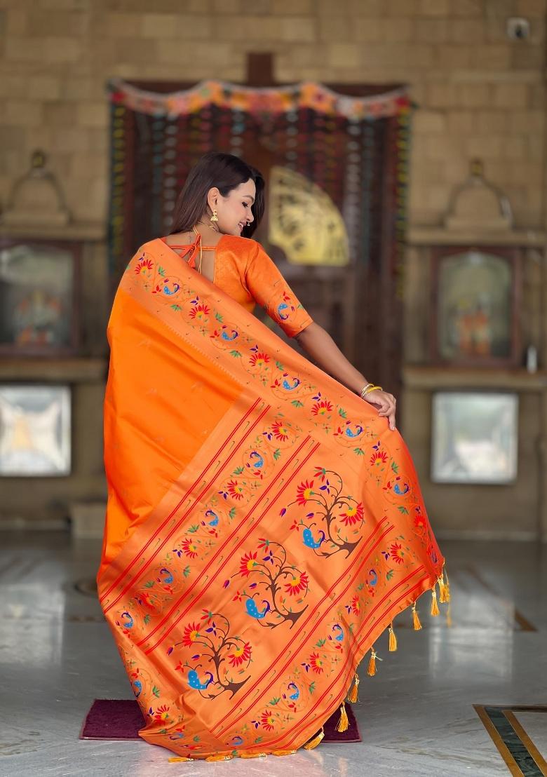 Orange Zari Woven Silk Saree Set - Indya