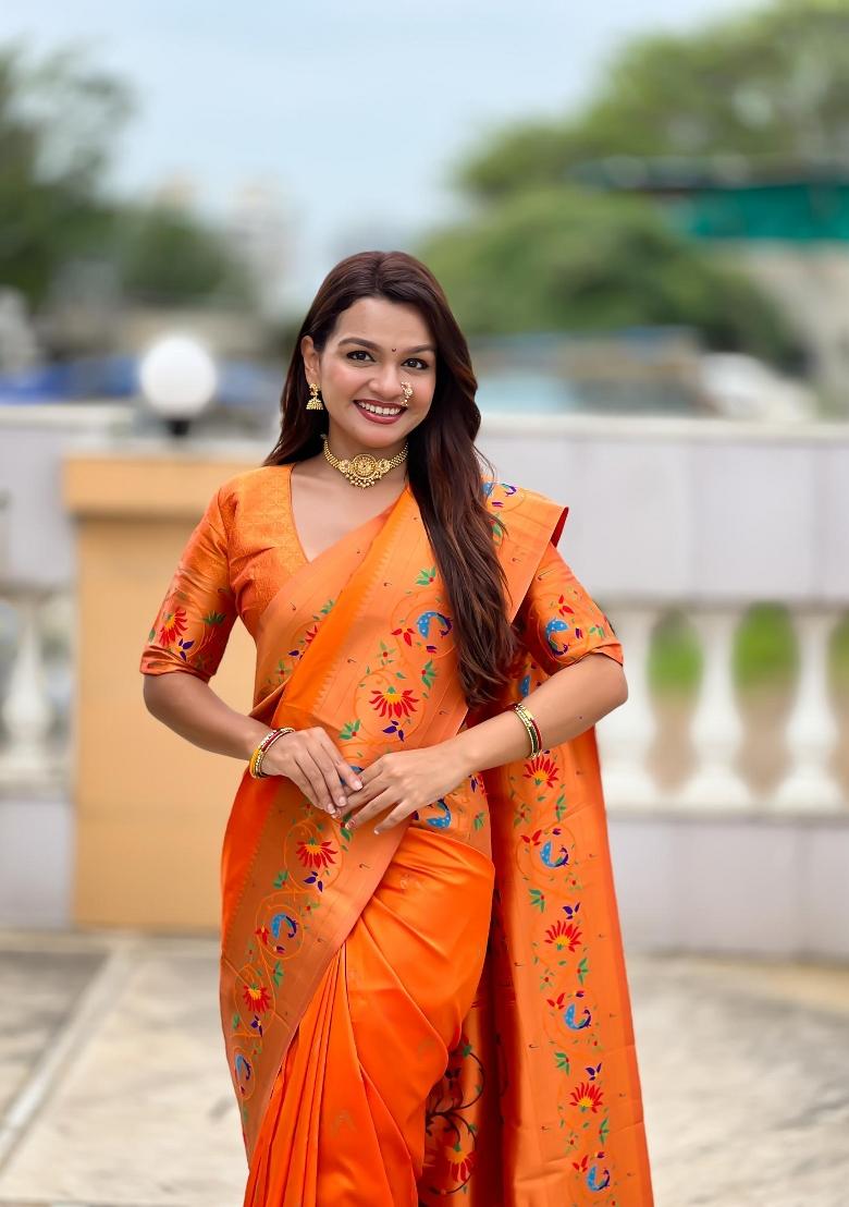 Orange Zari Woven Silk Saree Set - Indya