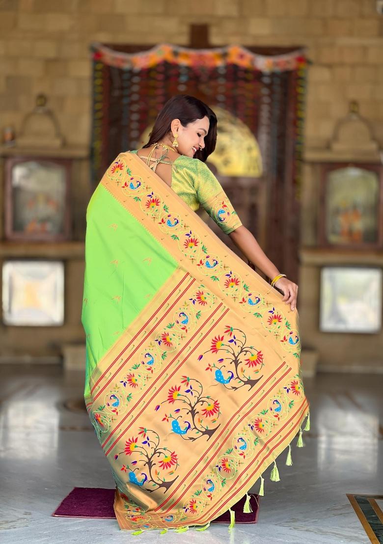 Green Zari Woven Silk Saree Set - Indya