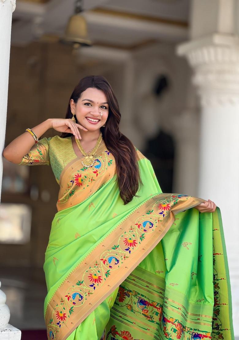 Green Zari Woven Silk Saree Set - Indya