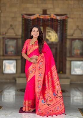 Pink Zari Woven Silk Saree Set