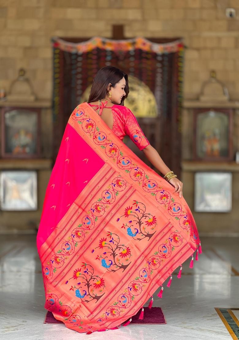 Pink Zari Woven Silk Saree Set - Indya
