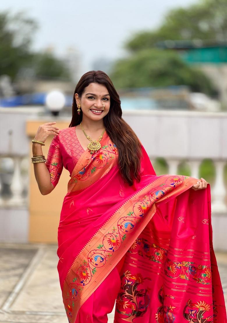 Pink Zari Woven Silk Saree Set - Indya