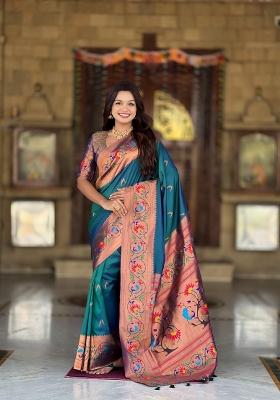 Teal Zari Woven Silk Saree Set