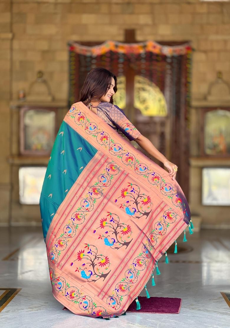 Teal Zari Woven Silk Saree Set - Indya