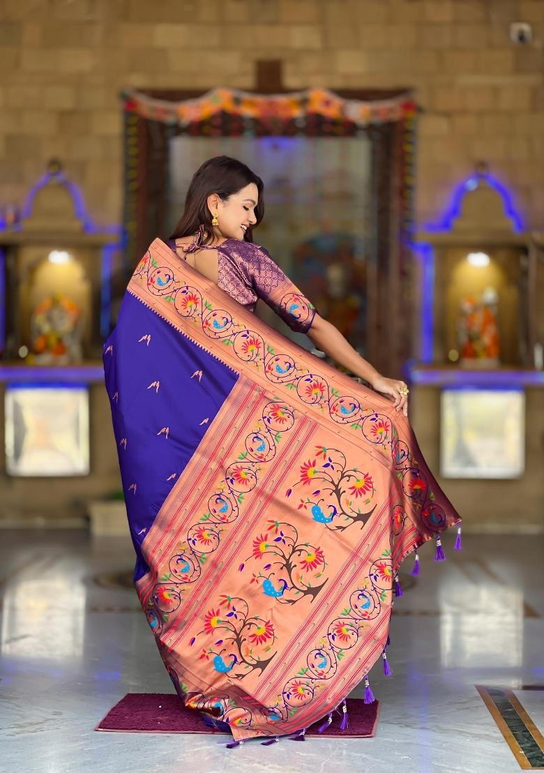 Violet Zari Woven Silk Saree Set - Indya
