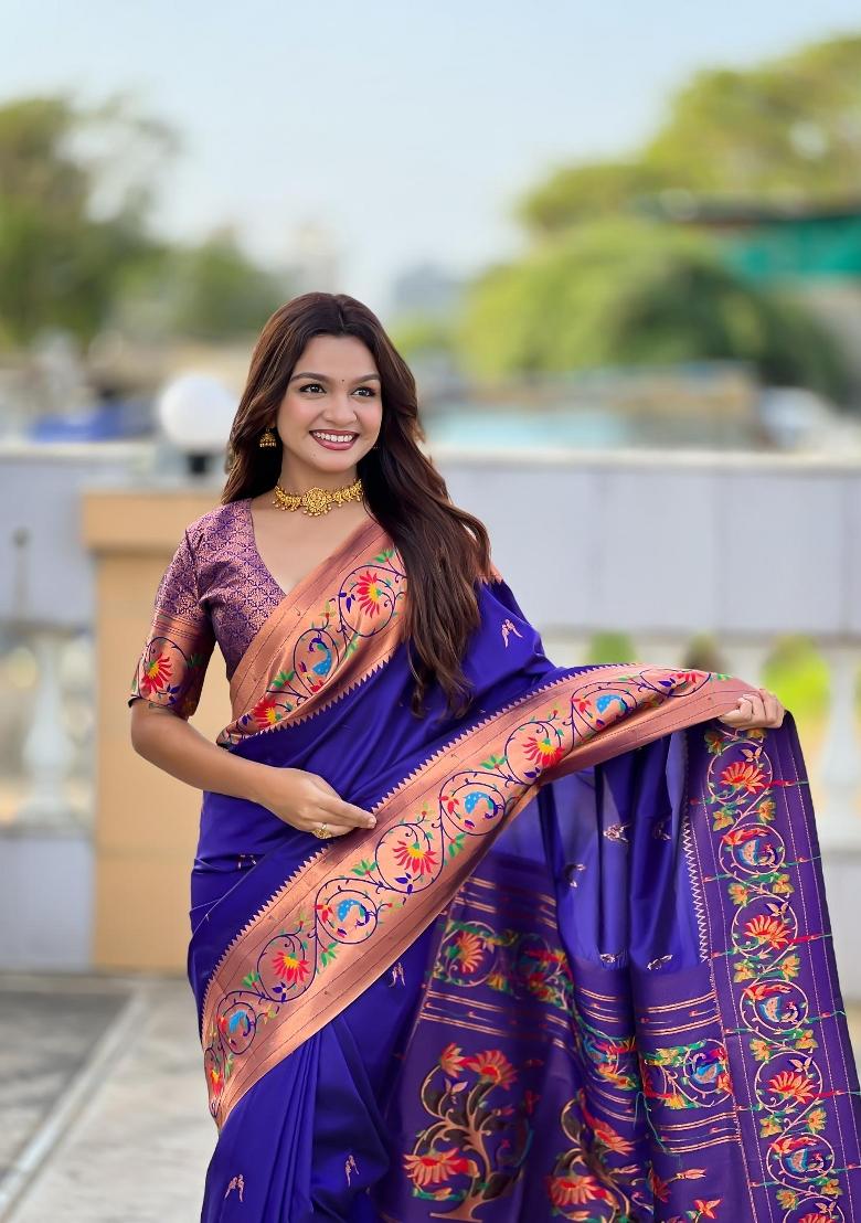 Violet Zari Woven Silk Saree Set - Indya