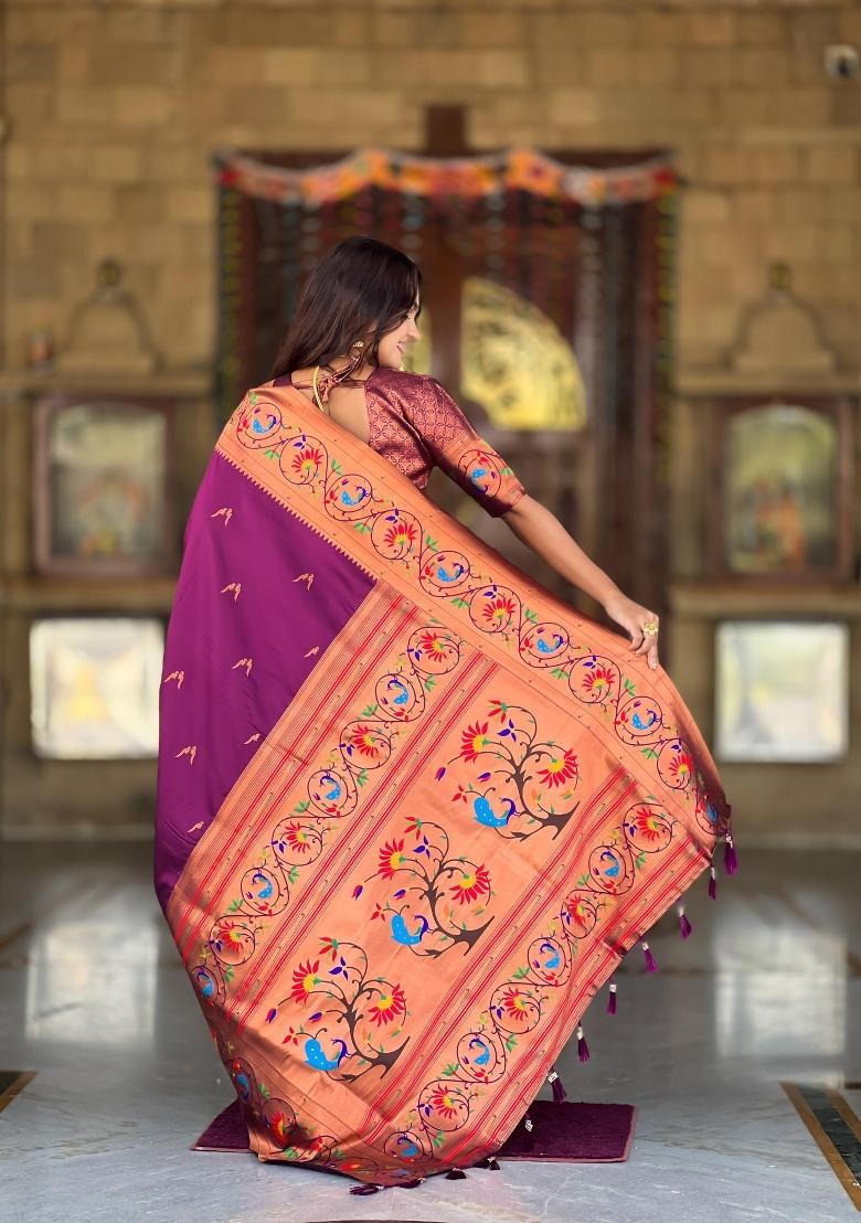 Wine Zari Woven Silk Saree Set - Indya