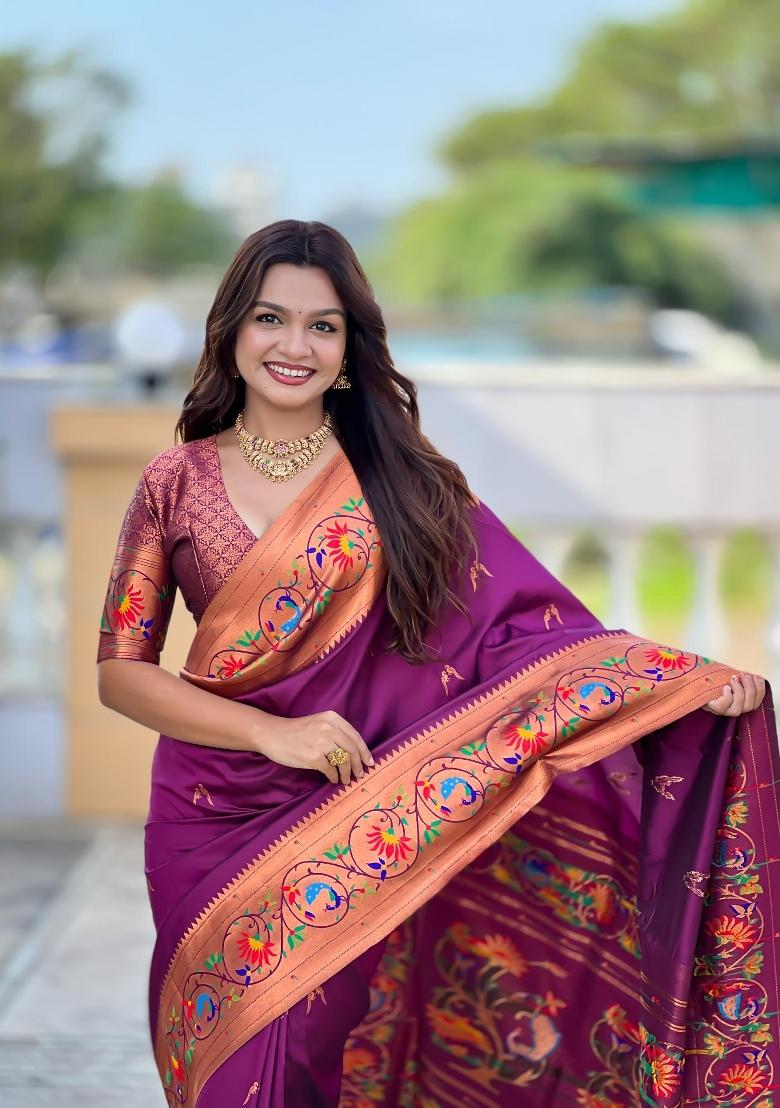 Wine Zari Woven Silk Saree Set - Indya