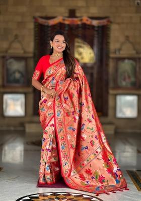 Orange Zari Woven Silk Saree Set