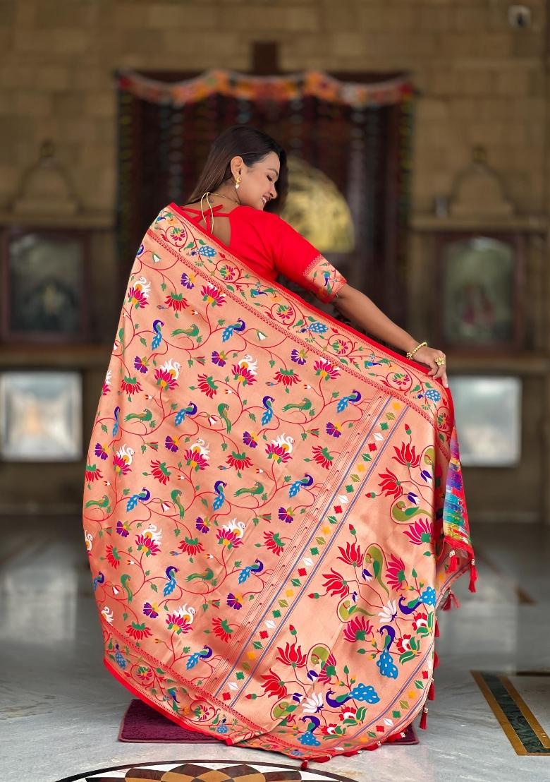 Orange Zari Woven Silk Saree Set - Indya