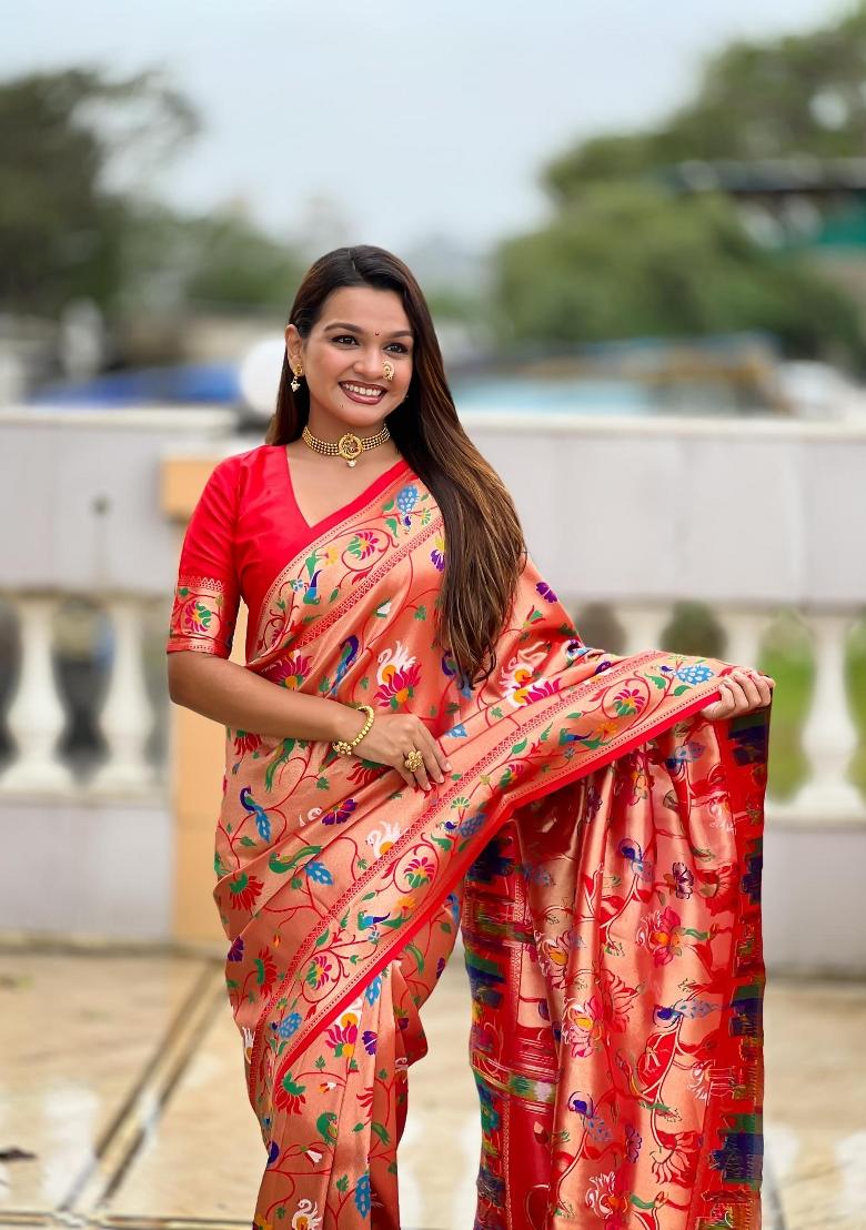 Orange Zari Woven Silk Saree Set - Indya