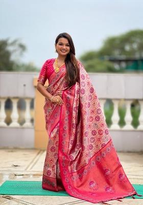 Pink Zari Woven Silk Saree Set