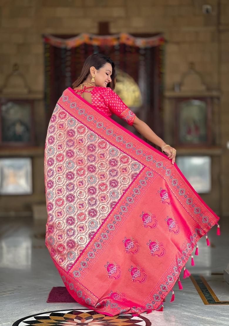Pink Zari Woven Silk Saree Set - Indya