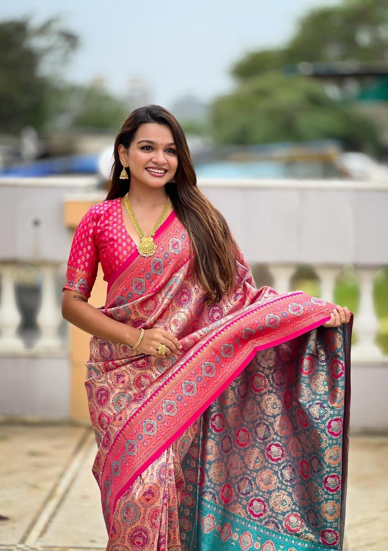 Pink Zari Woven Silk Saree Set - Indya