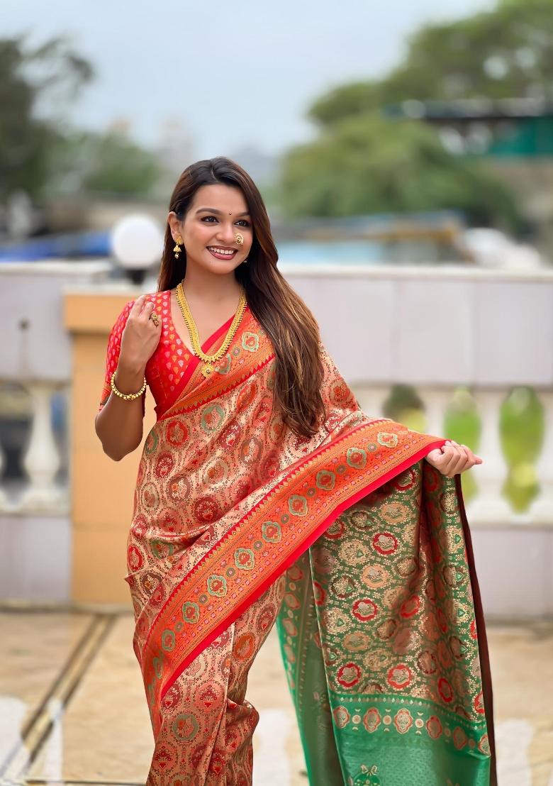 Red Zari Woven Silk Saree Set - Indya