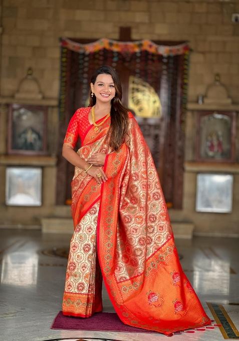 Red Zari Woven Silk Saree Set — view on Indya