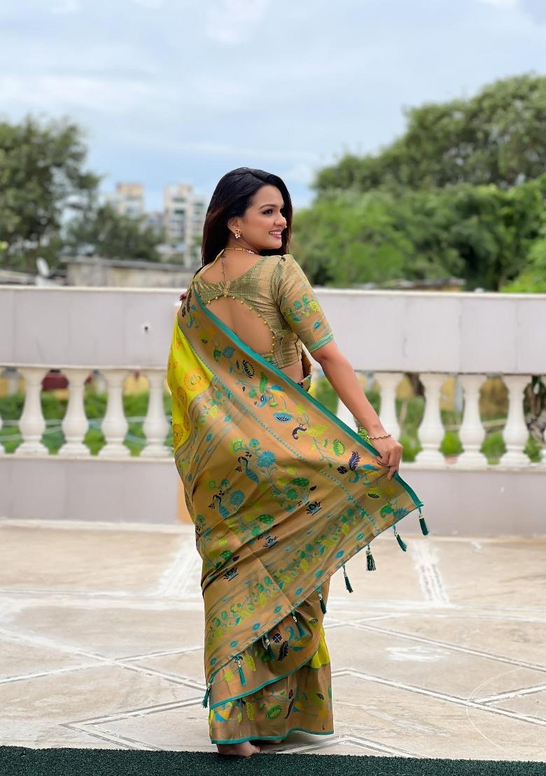 Green Zari Woven Silk Saree Set - Indya