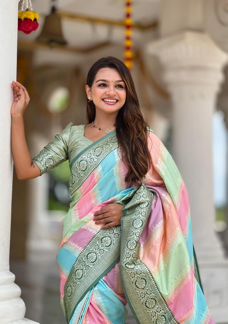 Green Zari Woven Silk Saree Set - Indya