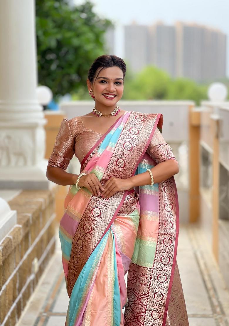 Maroon Zari Woven Silk Saree Set - Indya