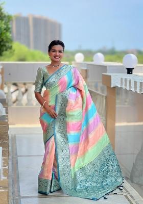 Turquoise Zari Woven Silk Saree Set