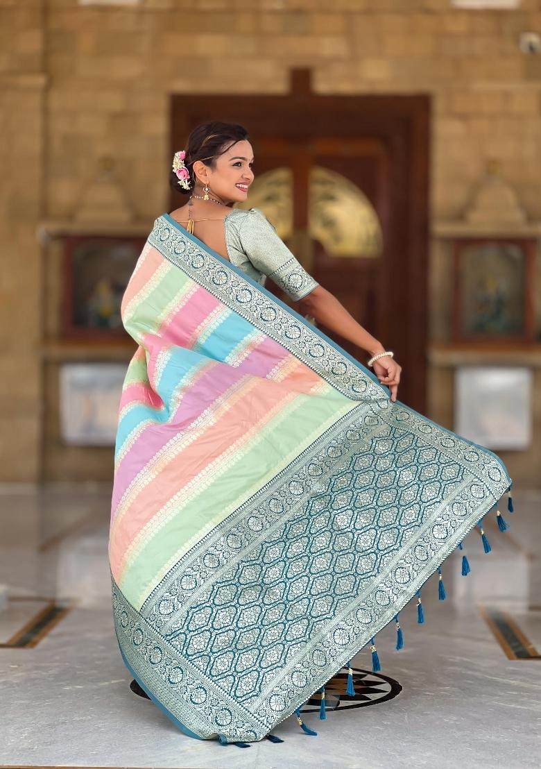 Turquoise Zari Woven Silk Saree Set - Indya